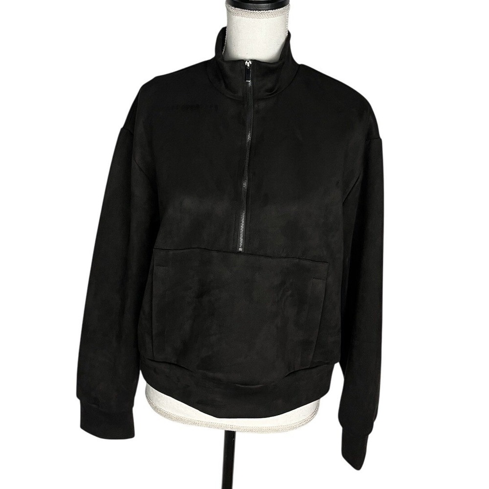T Tahari Black Faux Suede Half Zip Pullover Size M